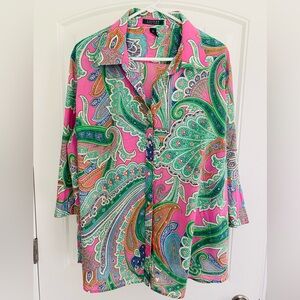 Ralph Lauren Women's 3X Paisley Button Down Shirt - Pink and Green 100% cotton